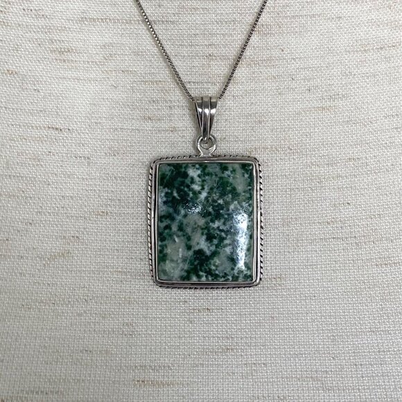 Sterling Silver 925 Bezel Set Tree Agate Rectangular Pendant Necklace 18.5" - Picture 12 of 16